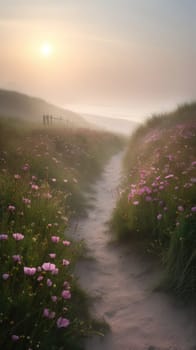 Shoreline covered in pink flowers by the sea. Generaitve AI.