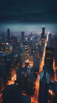 Cityscape of chicago at dusk with lights from the skyline. Generative AI.