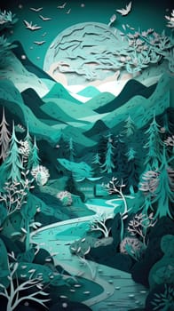 Paper cut art work with green nature forest. Generative AI.