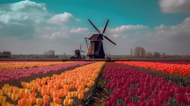 Colorful open field with beautiful tulips. Generative AI.