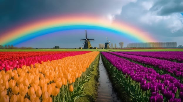 Colorful open field with beautiful tulips. Generative AI.