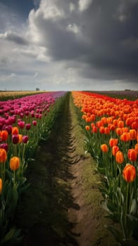Colorful open field with beautiful tulips. Generative AI.