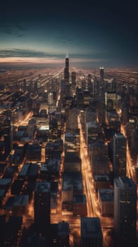 Cityscape of chicago at dusk with lights from the skyline. Generative AI.