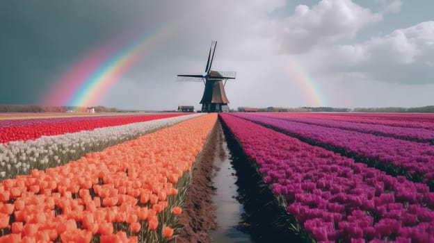 Colorful open field with beautiful tulips. Generative AI.