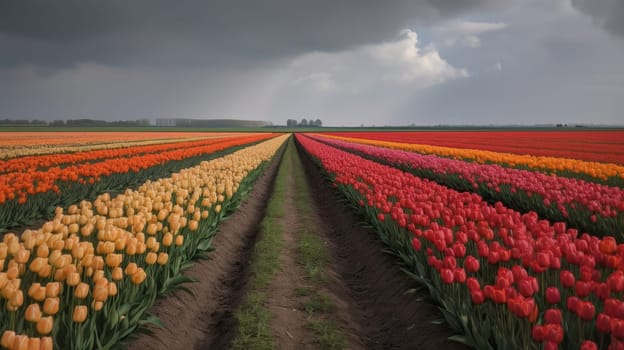 Colorful open field with beautiful tulips. Generative AI.