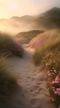 Shoreline covered in pink flowers by the sea. Generaitve AI.