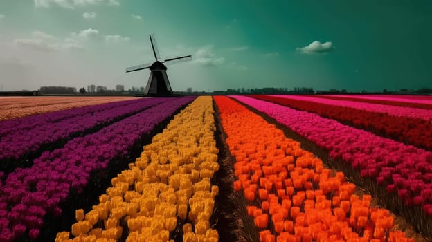 Colorful open field with beautiful tulips. Generative AI.