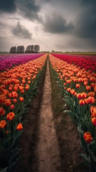 Colorful open field with beautiful tulips. Generative AI.