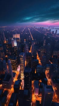 Cityscape of chicago at dusk with lights from the skyline. Generative AI.