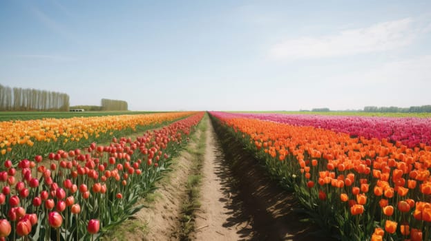 Colorful open field with beautiful tulips. Generative AI.