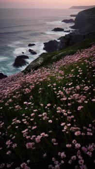 Shoreline covered in pink flowers by the sea. Generaitve AI.