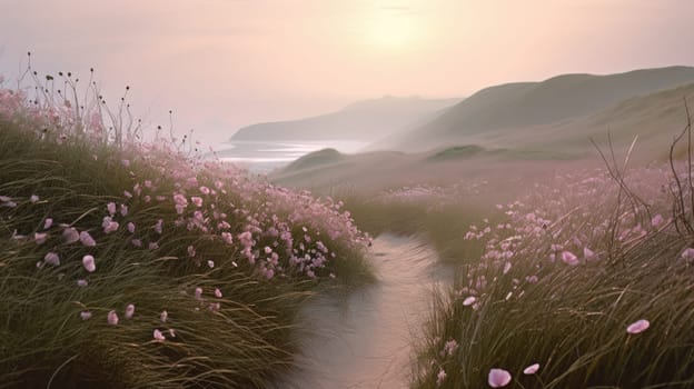 Shoreline covered in pink flowers by the sea. Generaitve AI