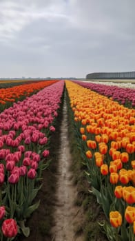 Colorful open field with beautiful tulips. Generative AI.