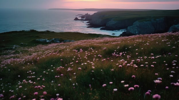 Shoreline covered in pink flowers by the sea. Generaitve AI.