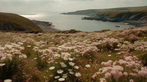 Shoreline covered in pink flowers by the sea. Generaitve AI.