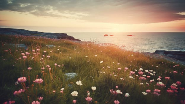 Shoreline covered in pink flowers by the sea. Generaitve AI.