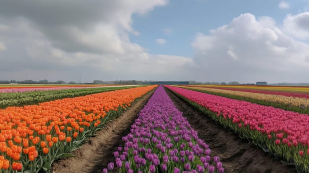 Colorful open field with beautiful tulips. Generative AI.