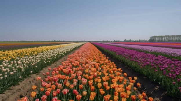 Colorful open field with beautiful tulips. Generative AI.