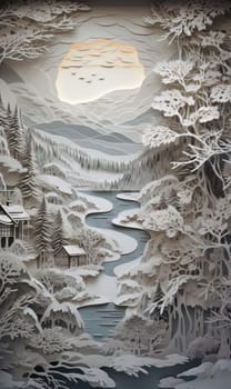 Traditional christmas paper cut art piece with a snowy landscape. Generative AI.