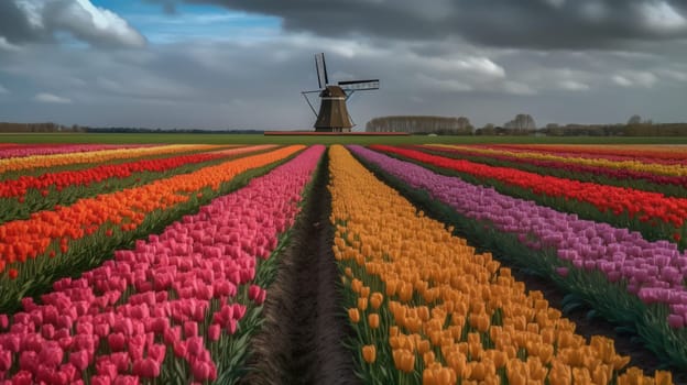 Colorful open field with beautiful tulips. Generative AI.