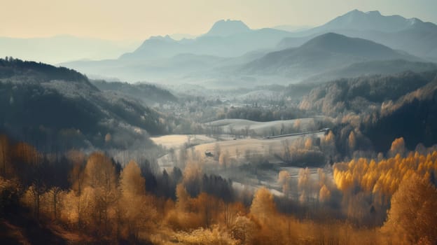 Image of mountain valley with mountains and a forest. Generative AI.