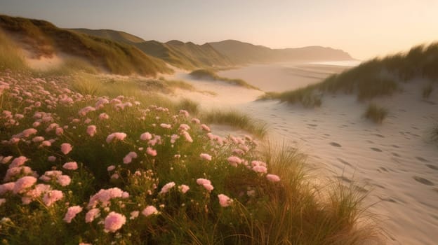 Shoreline covered in pink flowers by the sea. Generaitve AI