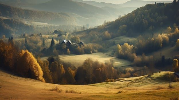 Image of mountain valley with mountains and a forest. Generative AI.