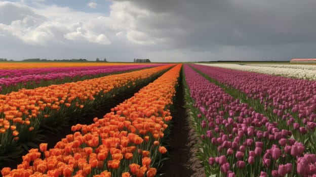 Colorful open field with beautiful tulips. Generative AI.