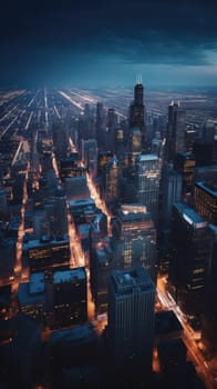 Cityscape of chicago at dusk with lights from the skyline. Generative AI.