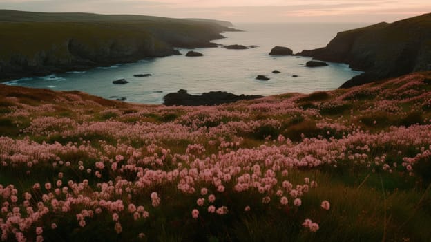 Shoreline covered in pink flowers by the sea. Generaitve AI.