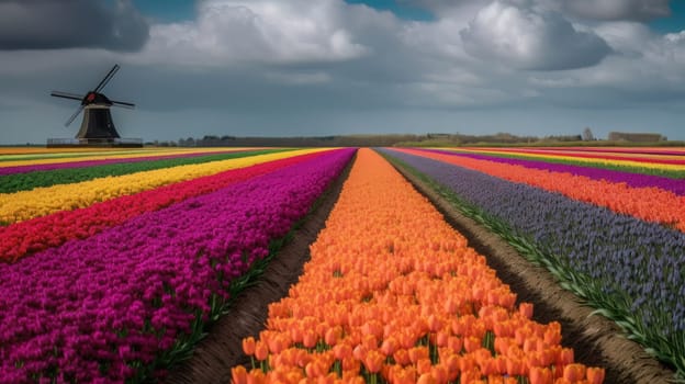 Colorful open field with beautiful tulips. Generative AI.