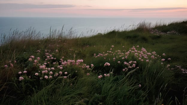 Shoreline covered in pink flowers by the sea. Generaitve AI.