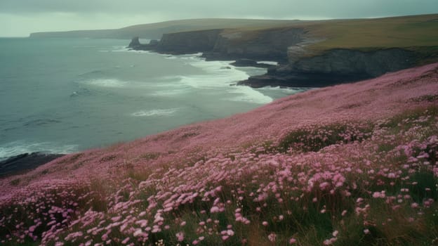 Shoreline covered in pink flowers by the sea. Generaitve AI