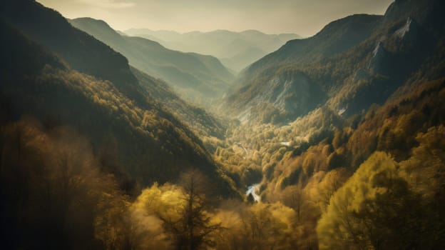 Image of mountain valley with mountains and a forest. Generative AI.