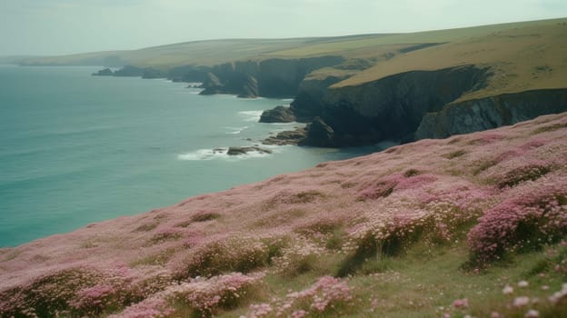 Shoreline covered in pink flowers by the sea. Generaitve AI.