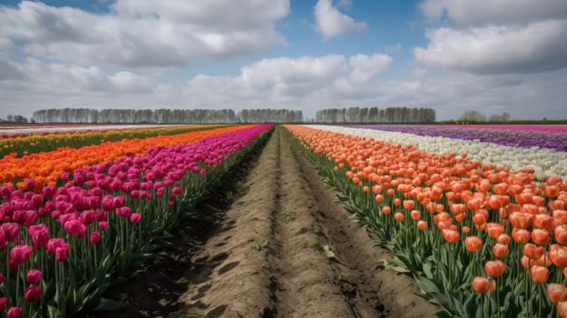 Colorful open field with beautiful tulips. Generative AI.