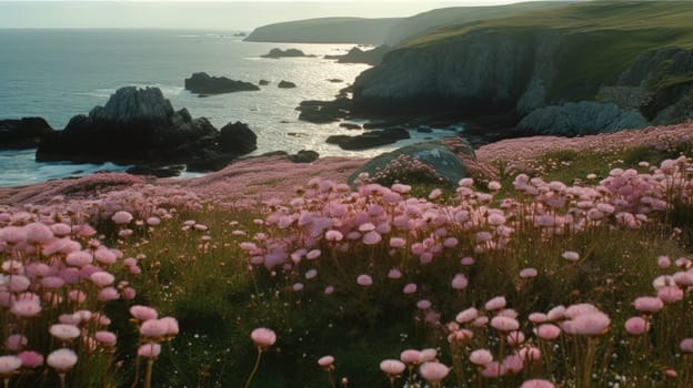 Shoreline covered in pink flowers by the sea. Generaitve AI.