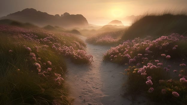 Shoreline covered in pink flowers by the sea. Generaitve AI.