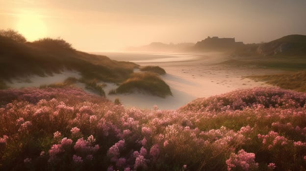 Shoreline covered in pink flowers by the sea. Generaitve AI.