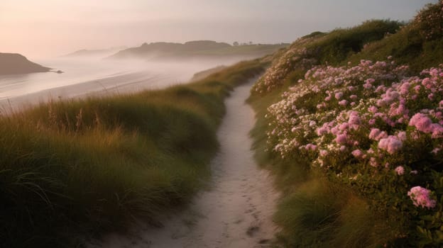 Shoreline covered in pink flowers by the sea. Generaitve AI