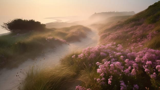 Shoreline covered in pink flowers by the sea. Generaitve AI.