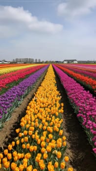 Colorful open field with beautiful tulips. Generative AI.