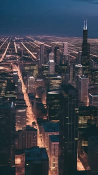 Cityscape of chicago at dusk with lights from the skyline. Generative AI.