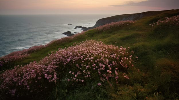 Shoreline covered in pink flowers by the sea. Generaitve AI.