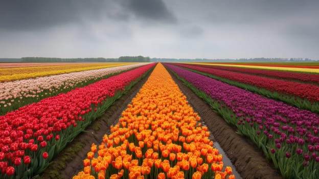 Colorful open field with beautiful tulips. Generative AI.