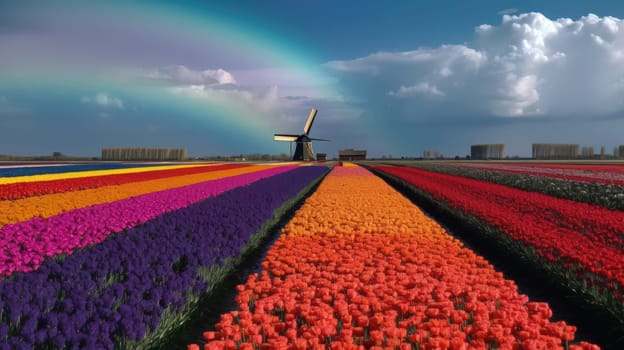 Colorful open field with beautiful tulips. Generative AI.