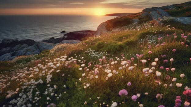 Shoreline covered in pink flowers by the sea. Generaitve AI.