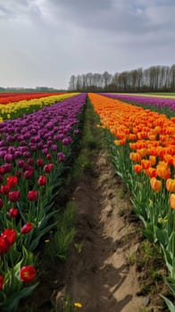 Colorful open field with beautiful tulips. Generative AI.