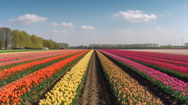 Colorful open field with beautiful tulips. Generative AI.