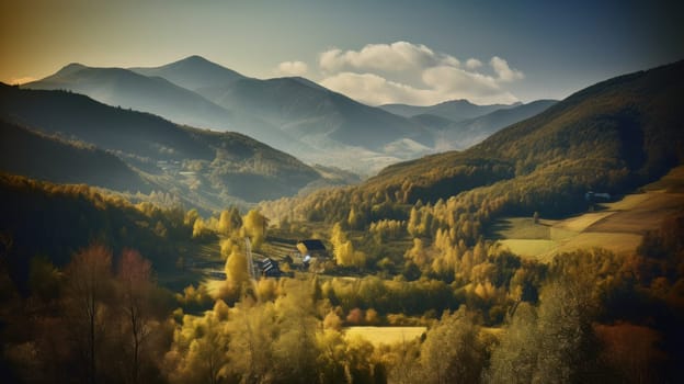 Image of mountain valley with mountains and a forest. Generative AI.